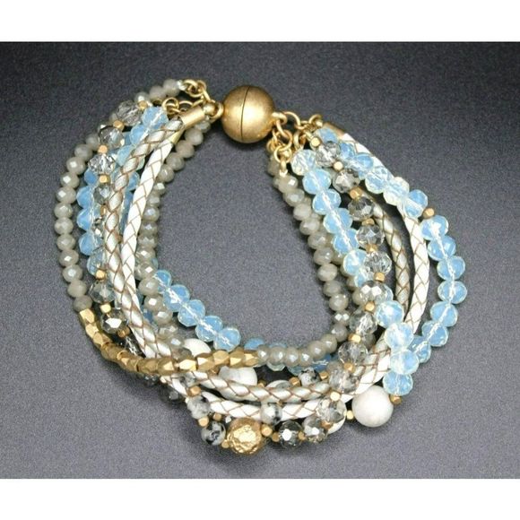 Unmarked Jewelry - VTG Glass Quartz Beads Braided Chord Gold Tone Magnetic Clasp Bracelet 7 Strands